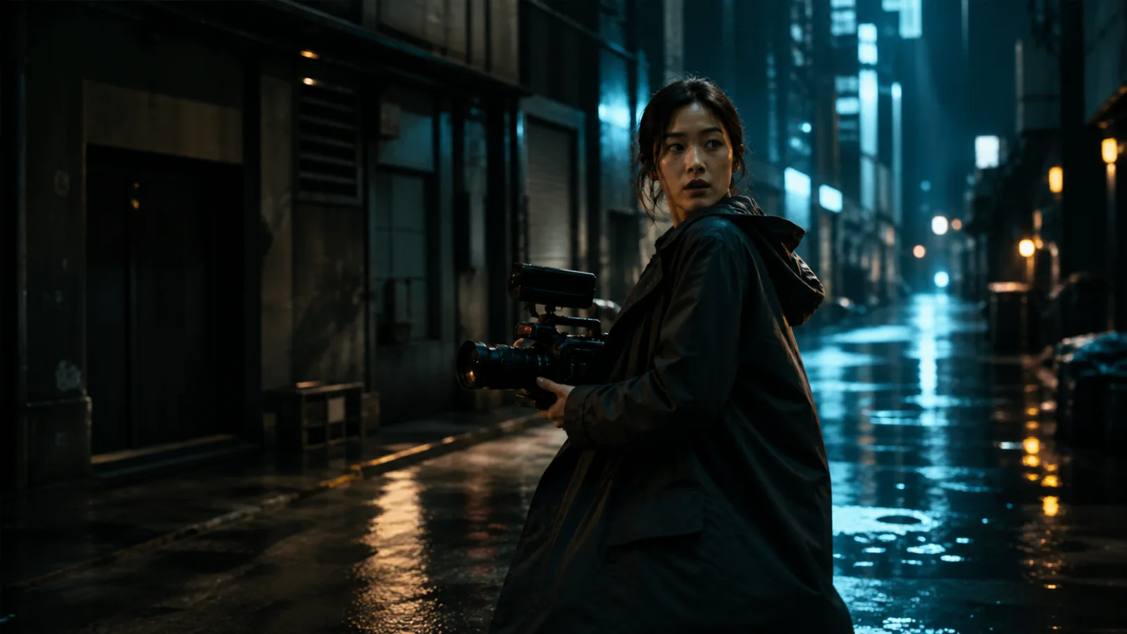 Cinematic MiniMax H3 video concept with a filmmaker in a rain-lit street